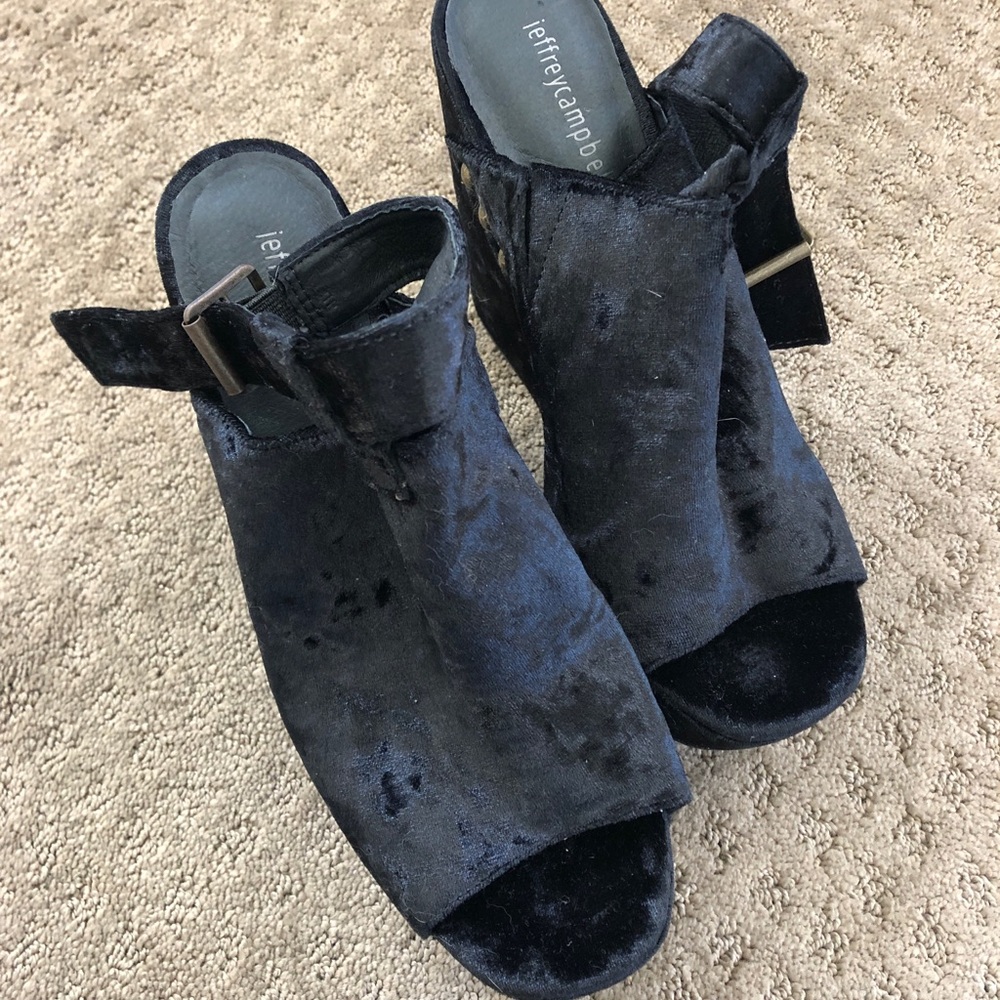 Jeffrey Campbell Black Velvet Open-Toe Block Heel Mules